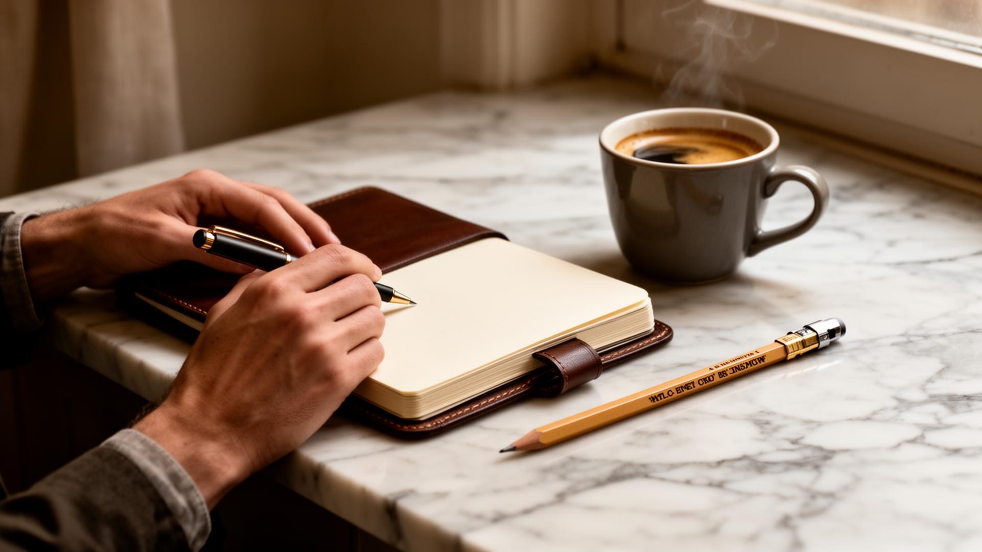 Annual letter — hands writing in a leather notebook