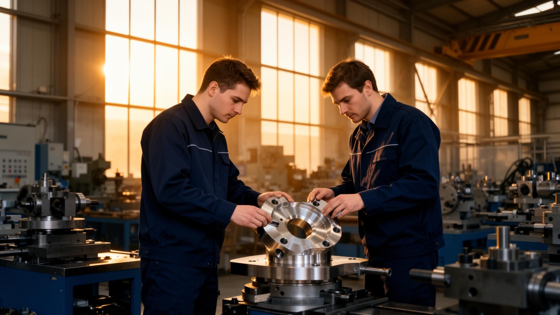 Operators inspecting a precision component in a UK workshop